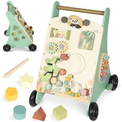 AIYAPLAY Wooden Baby Walker, Push Along Walker Toys with Speed Control, Xylophone, gears and Bead Maze, Green