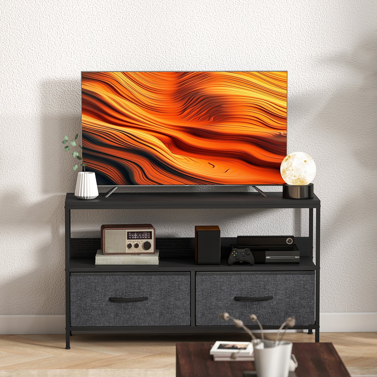 TV Stand Cabinet with 2 Foldable Drawers - Black / White