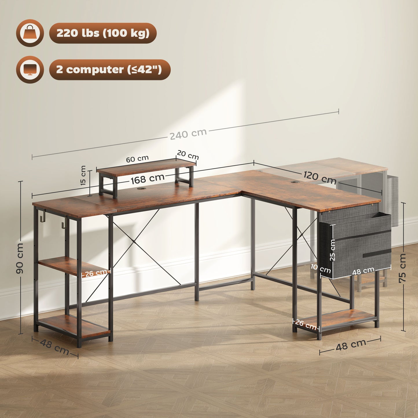 168cm Reversible L Shaped Desk, Industrial Corner Computer Desk with Adjustable Shelf and Storage Bag, 240cm 2 Person Desk with Monitor Stand