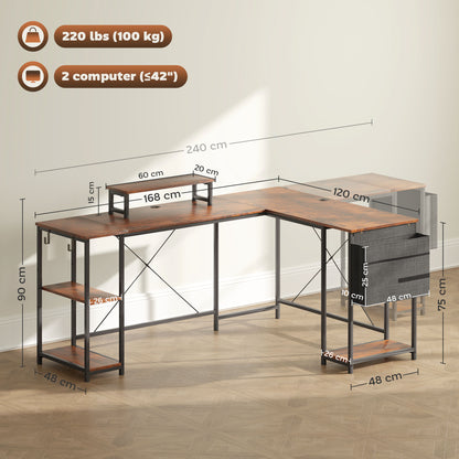 168cm Reversible L Shaped Desk, Industrial Corner Computer Desk with Adjustable Shelf and Storage Bag, 240cm 2 Person Desk with Monitor Stand