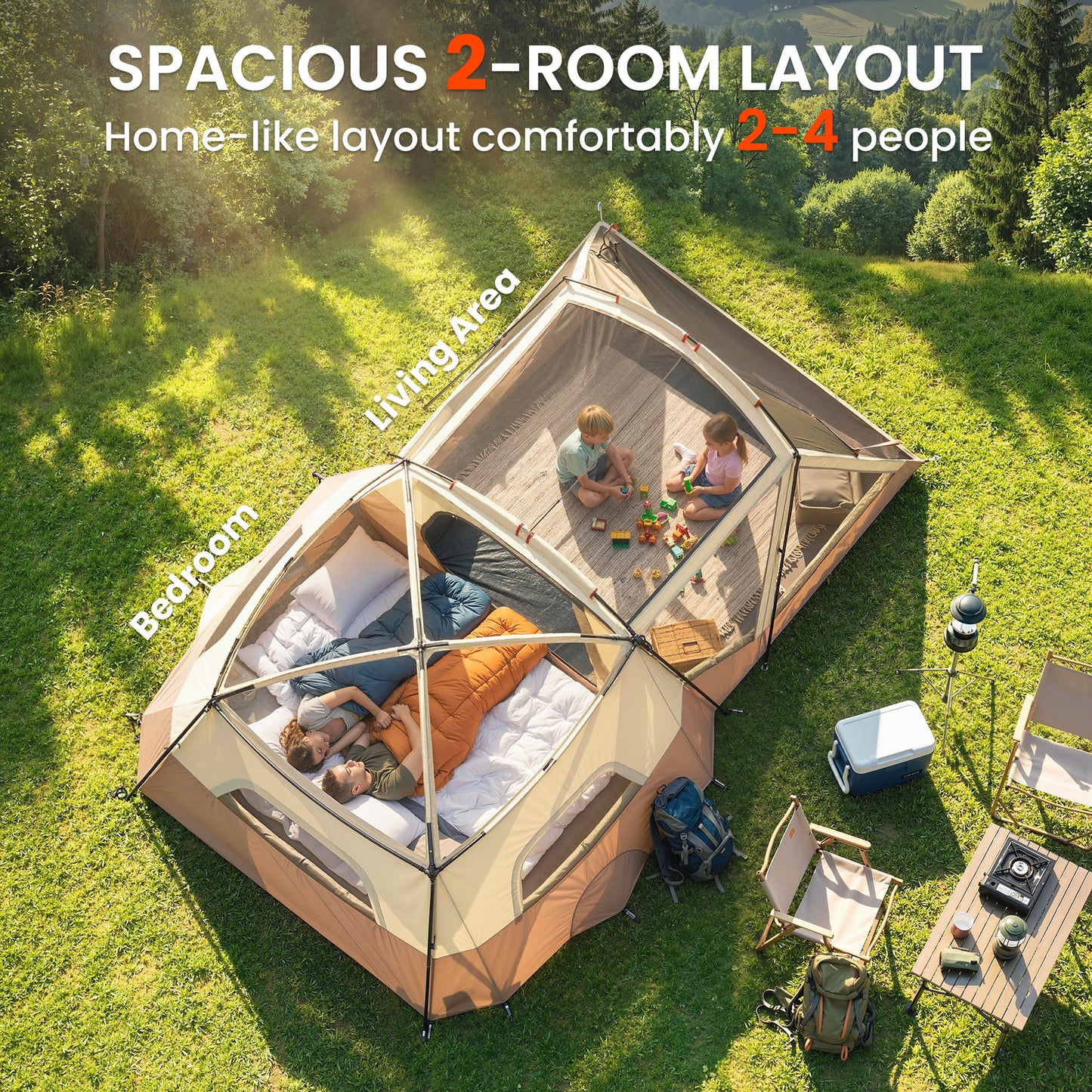 4-Person Cabin Camping Tent | 2 Rooms | 220cm Standing Height | 4 Skylights | 3000mm Waterproof | Sets Up in 5-15 Mins | 530 x 380 x 220cm | Brown & Khaki