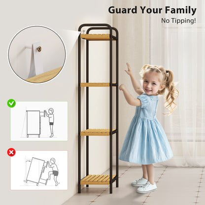 4-Tier Bamboo Bathroom Storage Shelf, Freestanding Narrow Shelving Unit with Slatted Shelves for Kitchen Bathroom Living Room, 41.5 x 21.5 x 106 cm, Natural and Black