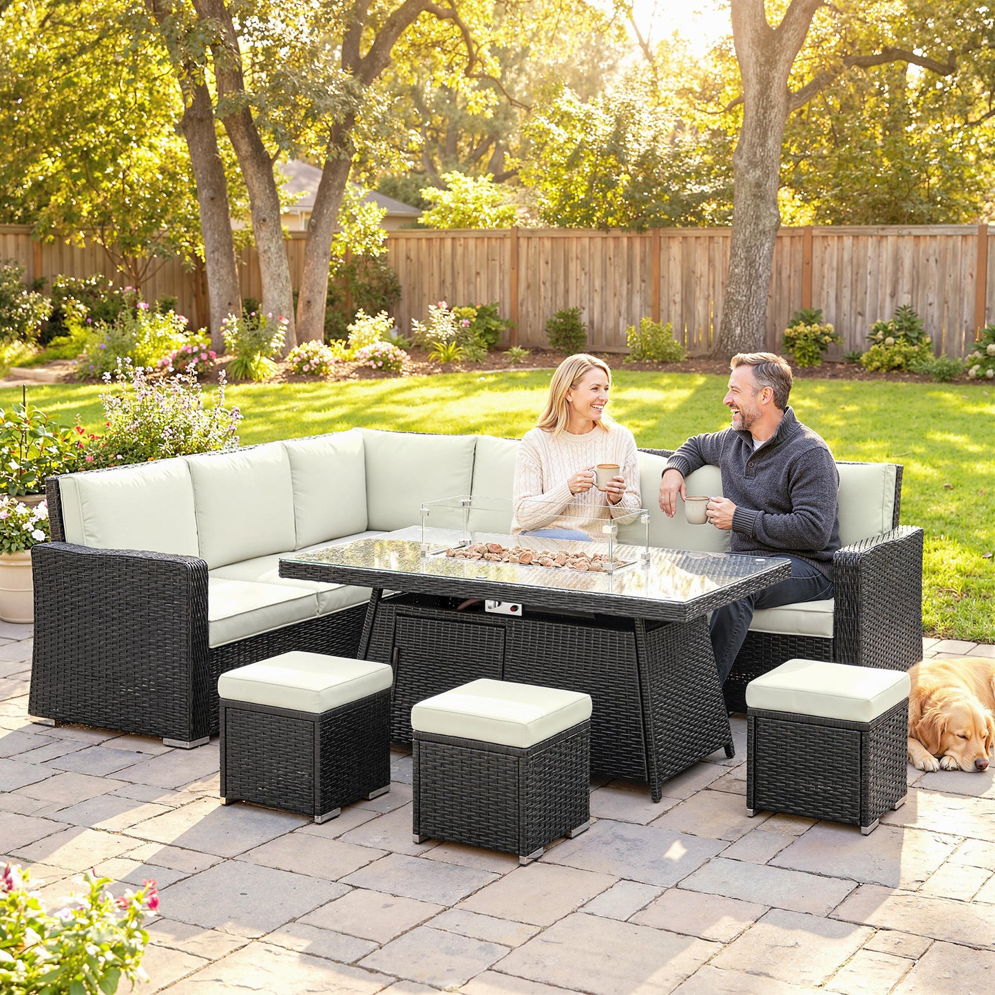 7 Piece Rattan Garden Sofa Set with 50,000 BTU Gas Fire Pit Table | 2 Corner Loveseats | Loveseat | 3 Footstools | Glass Wind Guard | Padded Cushions | Washable Covers | Cream