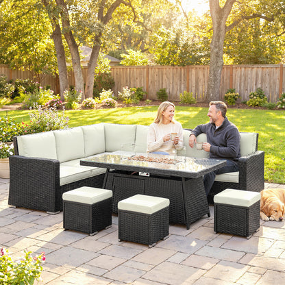 7 Piece Rattan Garden Sofa Set with 50,000 BTU Gas Fire Pit Table | 2 Corner Loveseats | Loveseat | 3 Footstools | Glass Wind Guard | Padded Cushions | Washable Covers | Cream