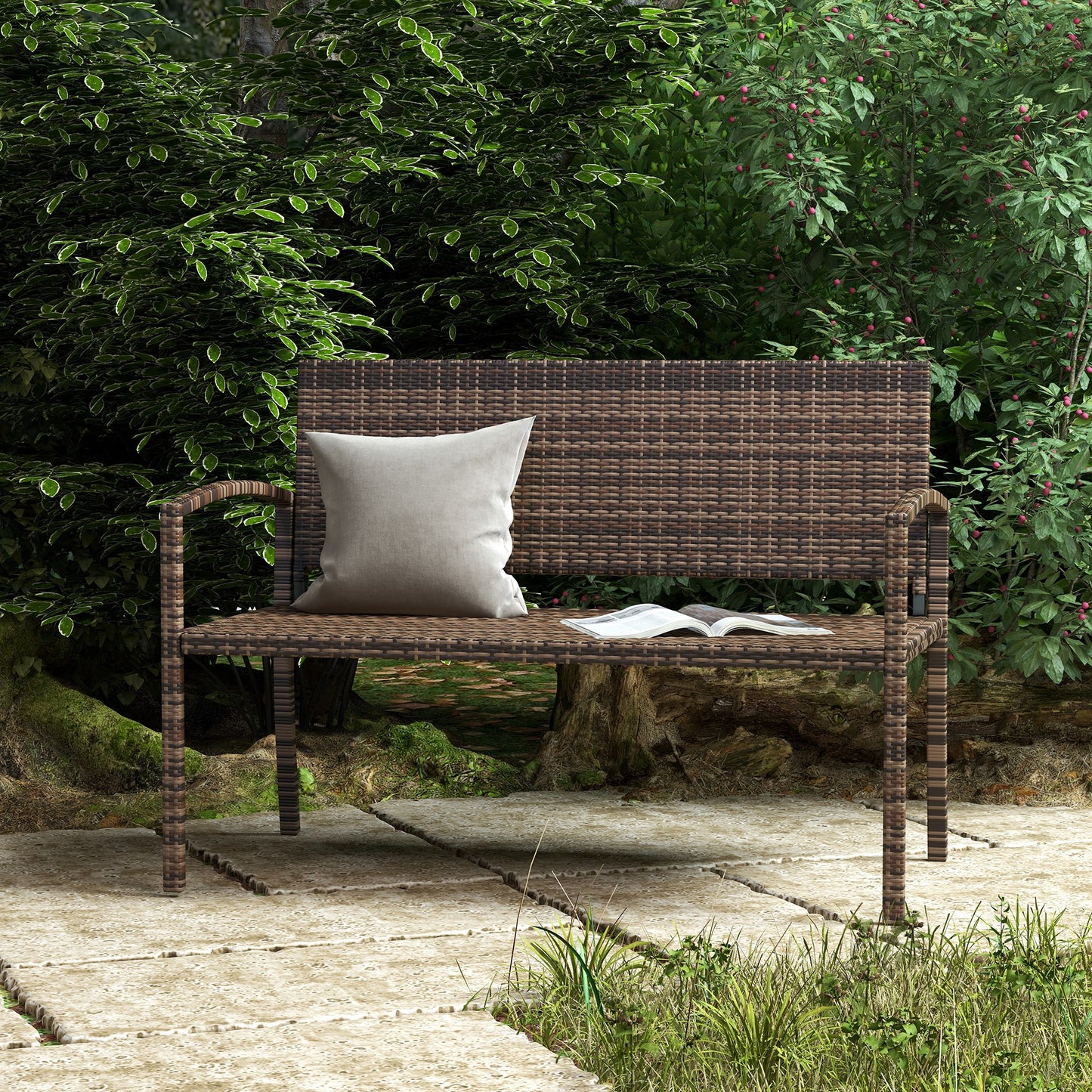 2 Seater Rattan Garden Bench Loveseat | High Back | Armrests | UV & Weather Resistant PE Wicker | Metal Frame | Foot Pads | 240kg | 122x60x85cm | Brown