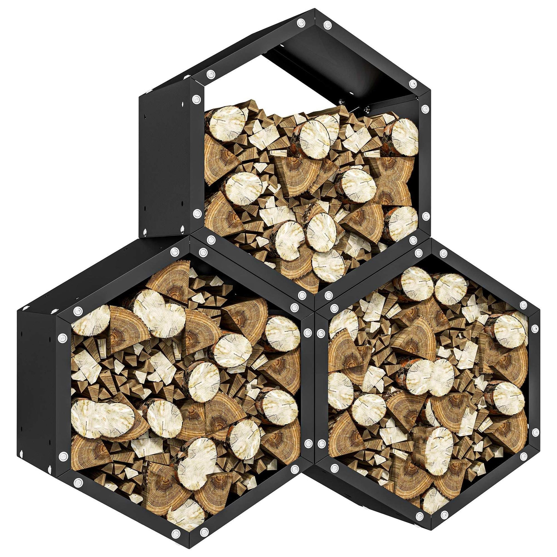 Outsunny Fireplace Log Rack, Steel Firewood Log Holder, 3 Hexagon Boxes, Indoor Outdoor Wood Storage Shelf, 113 x 37 x 113cm, Black