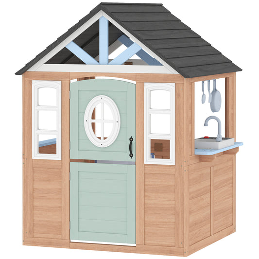 Wooden Wendy House with Play Kitchen & Pet Door | Half Door & Windows | Fir Wood | Low-Odour Paint | Indoor & Outdoor | Ages 2+ | 115.5x97.3x140cm | Natural Wood