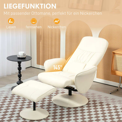 Swivel Recliner Chair with Footstool, PU Leather Armchair and Ottoman with High Back and Round Base for Living Room, Cream White