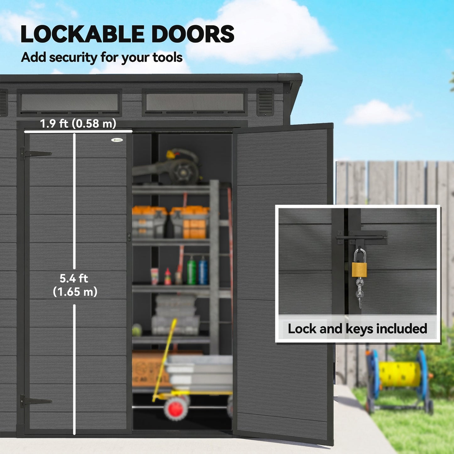 PP & Aluminium Garden Storage Shed with Floor | 3 Windows | Dual Vents | Double Doors | Lock & Keys | UV-Resistant | Water-Repellent | 40kg/m² Snow Load | 182x182x196cm | 2.89m² | Tools Bikes & BBQ | Dark Grey