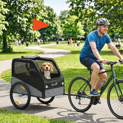 Dog Bike Trailer | 20kg Capacity | 20" Inflatable Rubber Wheels | Universal Coupler | 600D Oxford Fabric | Steel Frame | Reflectors & Safety Flag | Foldable | 139x72x88cm | Grey