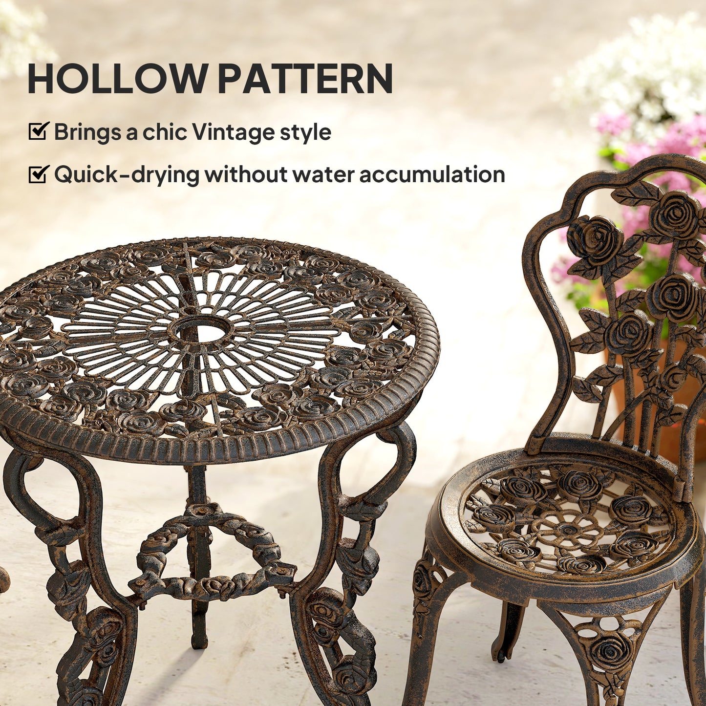 3 Piece Cast Aluminium Garden Bistro Set | Vintage Rose Design | Round Table Dia 60cm | 45mm Umbrella Hole | 2 Chairs | Rust Resistant | 120kg | Bronze Tone