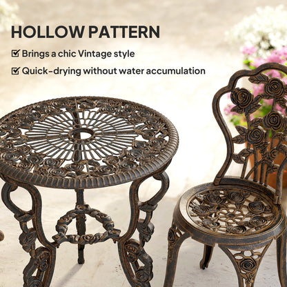 3 Piece Cast Aluminium Garden Bistro Set | Vintage Rose Design | Round Table Dia 60cm | 45mm Umbrella Hole | 2 Chairs | Rust Resistant | 120kg | Bronze Tone
