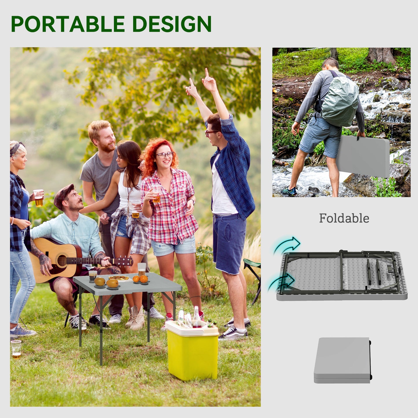 3ft Folding Camping Table, Heavy Duty Picnic Table with 2 Adjustable Height for Indoor Outdoor Garden, Party, BBQ, Dark Grey