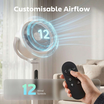 BLDC Pedestal Air Circulator Fan | 20dB Sleep Mode | 717 CFM | 12 Speeds | 3D Oscillation 70°+90° | Night Light & Aromatherapy | Washable Grill | 5m Remote | 12H Timer | 50W | 116.5cm | White