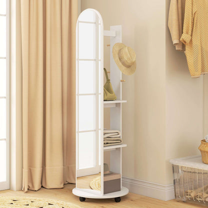 2-in-1 Full-Length Floor Mirror with Hidden Back Storage Shelves | Coat Rack & Hooks | 4 Lockable Wheels | Shatter-Resistant Tempered Glass | 50x50x167cm | White