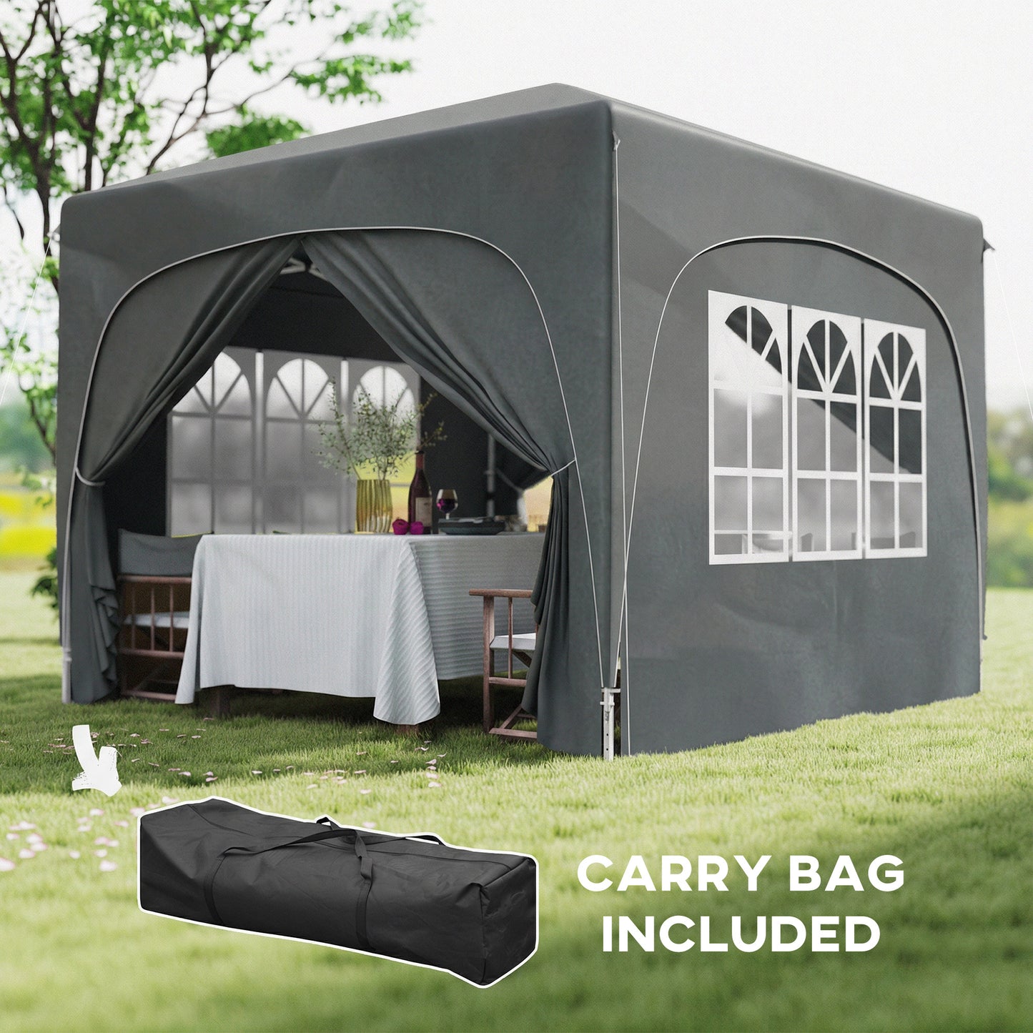 3x3m Pop Up Gazebo Shelter | UPF50+ Oxford Fabric Canopy | Dual Doors & 2 Windows | 8 Drain Holes | 3 Height Settings | Windproof Level 4-5 | Snow Rated | Guy Ropes & Ground Stakes | Carry Bag | Dark Grey