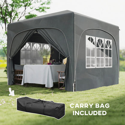 3x3m Pop Up Gazebo Shelter | UPF50+ Oxford Fabric Canopy | Dual Doors & 2 Windows | 8 Drain Holes | 3 Height Settings | Windproof Level 4-5 | Snow Rated | Guy Ropes & Ground Stakes | Carry Bag | Dark Grey