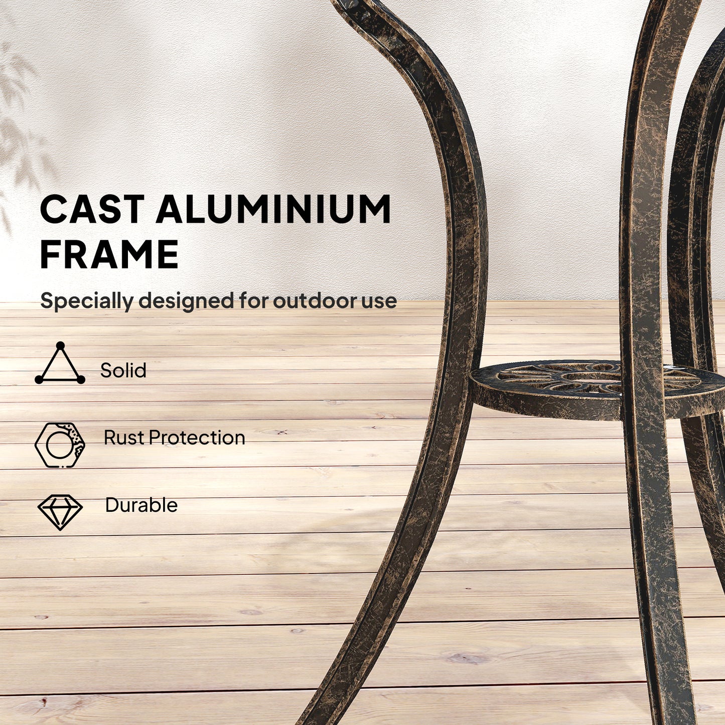 3 Piece Cast Aluminium Garden Bistro Set | Round Table Dia 63cm | Umbrella Hole | 2 Chairs | Rust Proof | Vintage Design | 120kg | Bronze Tone