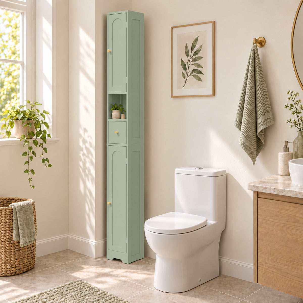Slim Tall Bathroom Cabinet | 185H x 20W x 20D cm | 2 Arched Doors, Drawer & Adjustable Shelves | Light Green