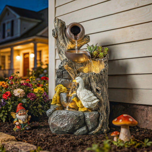 5-Tier Resin Log Waterfall Fountain | Warm White LED Lights | Adjustable Pump | Integrated Planter | 6-8L | 5W | 230V | 3m Cable | 30x28x56cm | Garden & Patio | Mixed Colour