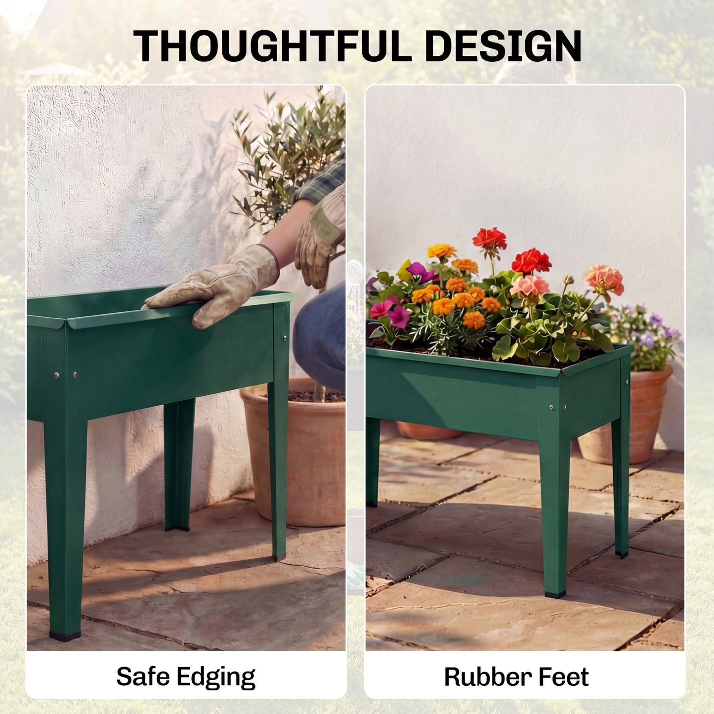 Metal Raised Garden Planter on Legs | Powder-Coated | Drainage Hole | Rubber Feet | 20kg Capacity | 20L Soil | Ideal for Balconies & Patios | 60x27x45cm | Green
