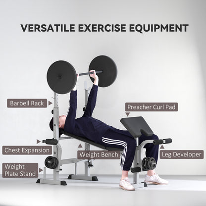 Adjustable Weight Bench with Squat Rack, Heavy Duty Bench Press Rack with Preacher Curl Pad, Leg Developer, Barbell Rack, Butterfly, Home Gym Strength Training Multiuse Workout Bench, Grey