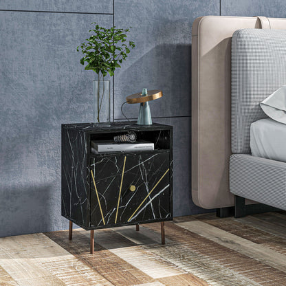 Marble Effect Bedside Table, Modern Side Table with Drawer, Open Shelf and Gold Tone Metal Legs for Bedroom, Living Room, Black