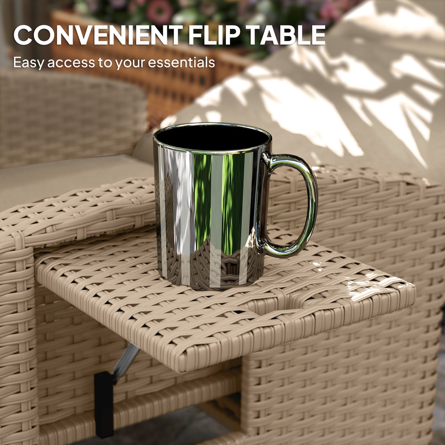 Rattan Garden Recliner Chair, Adjustable Backrest Reclining with Flip Table, Cushion and Footrest, Indoor Outdoor Lounge Reclining Sun Lounger for Patio