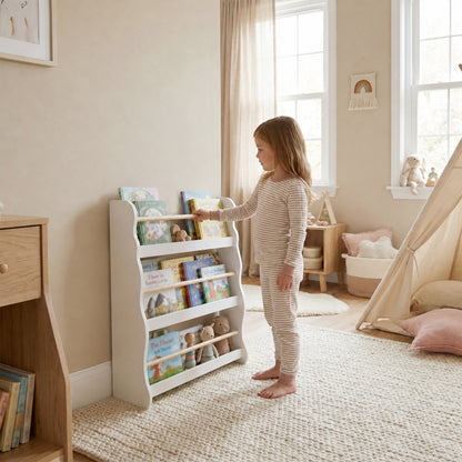 AIYAPLAY White 3-Tier Kids Bookshelf | 60cm Wide Slim Book Display with Pine-Tone Rails | Wall-Fixed Design | Ages 3–8