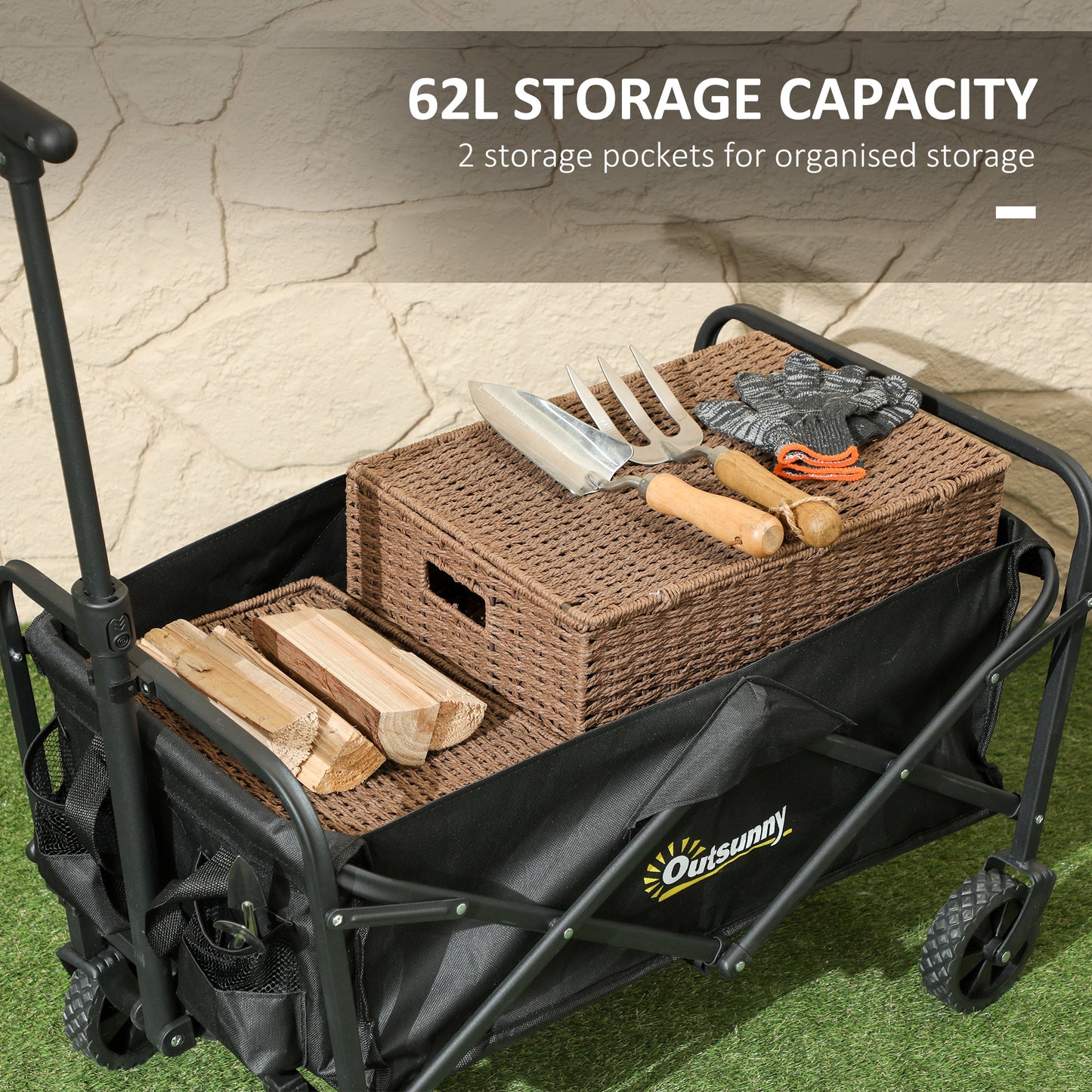 62L Festival Trolley on Wheels, Garden Folding Trolley Cart, 120kg Heavy Duty Collapsible Folding Wagon with Carrying Bag for Beach, Camping,