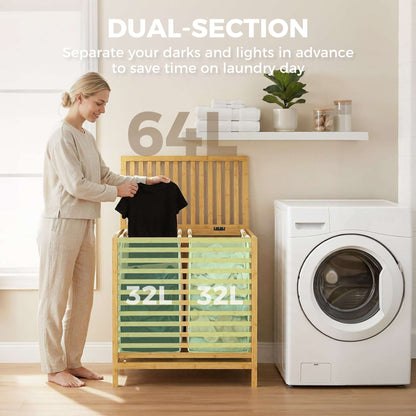 Bamboo Laundry Basket | Double 64L | 2 Washable Oxford Bags | Lid | Top Shelf | Foldable | 30kg | Natural & Cream White