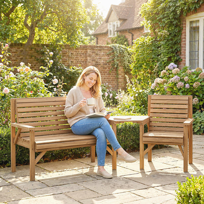3-Piece Wooden Garden Furniture Set | Armchair | 2-Seater Bench | Detachable Tray Table | Umbrella Hole | Fir Wood | Water-Resistant | Natural Wood