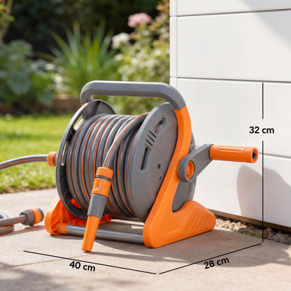 2-in-1 Portable & Wall Mounted Garden Hose Reel | 20+2m | Crank Handle | 2-Pattern Spray Nozzle | Rust-Proof PVC & PP | 8 Bar | 3/4" & 1/2" BSP Adaptor | 40x28x32cm | Orange