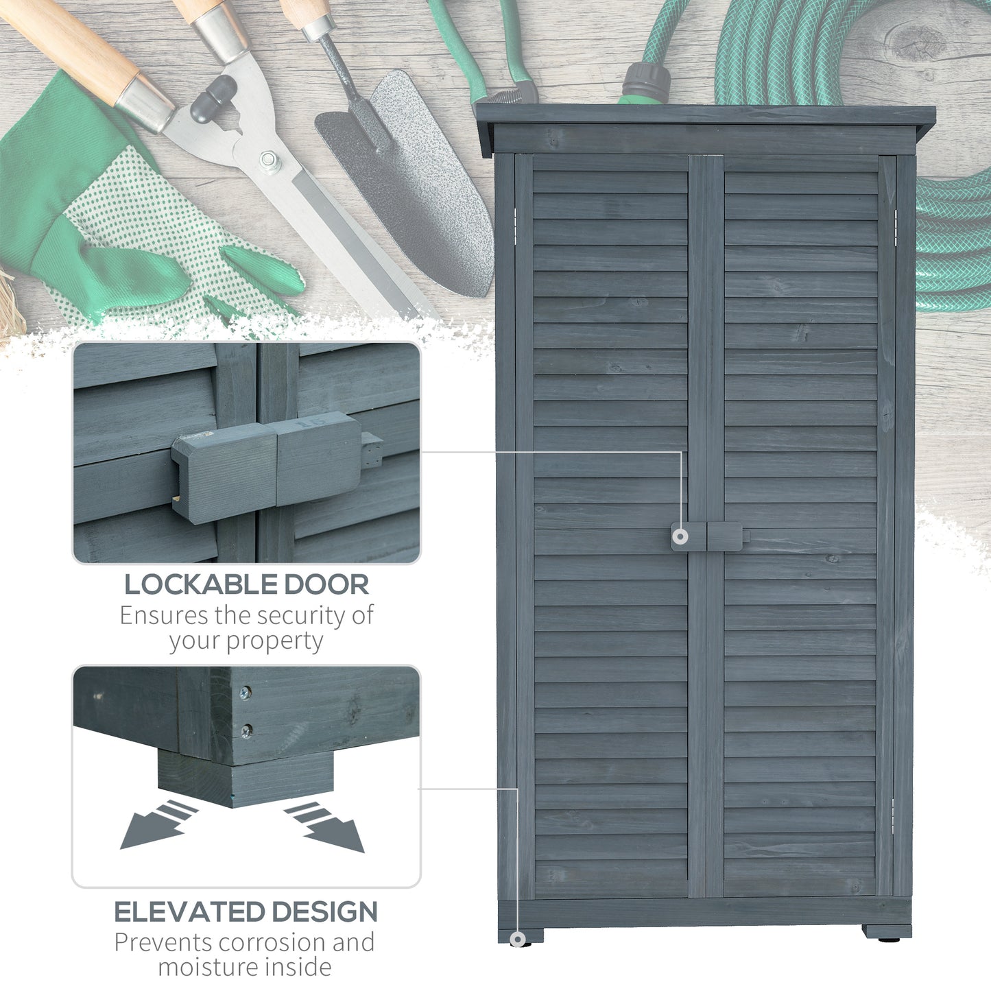 Outsunny Wooden Small Shed, Garden Storage Shed with 3 Shelves, Asphalt Roof and Shutter Doors, Grey