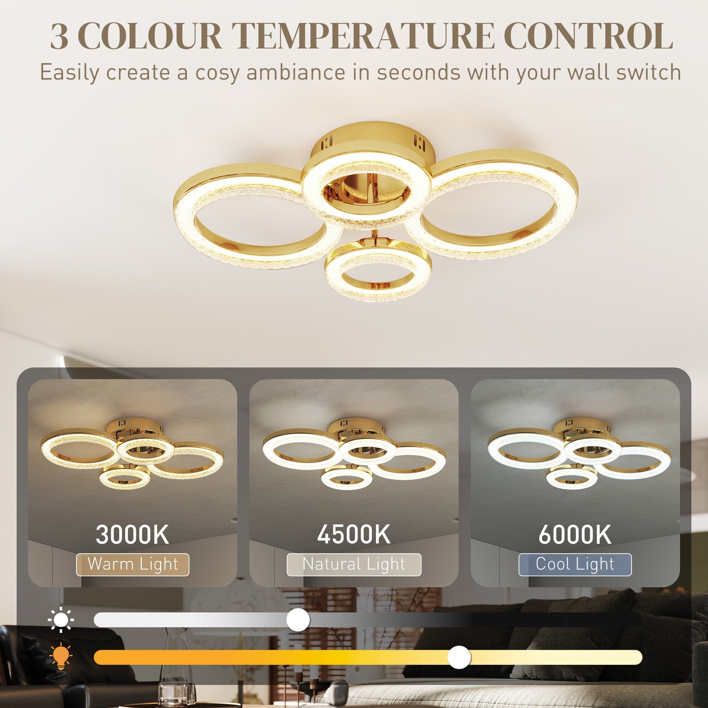 LED Ceiling Light, Modern 4 Rings Ceiling Lamp with Wall Switch Control, 40W 4350lm Flush Mount Ceiling Light with 3500K/4500K/6000K Colour Temperatures for Living Room, Bedroom, Gold Tone