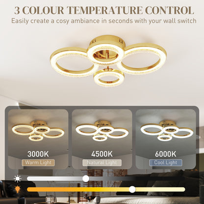 LED Ceiling Light, Modern 4 Rings Ceiling Lamp with Wall Switch Control, 40W 4350lm Flush Mount Ceiling Light with 3500K/4500K/6000K Colour Temperatures for Living Room, Bedroom, Gold Tone