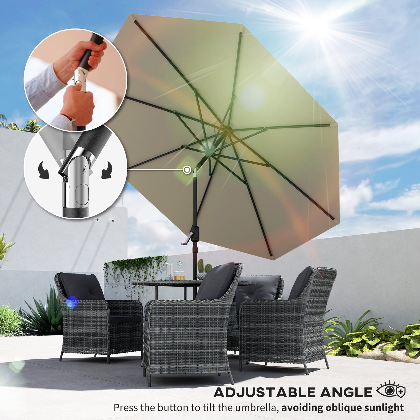 Outsunny 2.7M Garden Parasol Umbrella with Tilt and Crank, Outdoor Sun Parasol Sunshade Shelter with Aluminium Frame, Light Grey