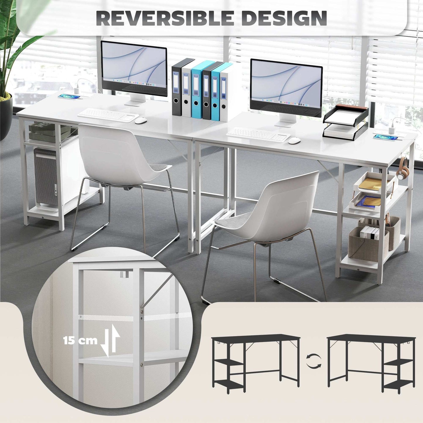 20 x 60 cm Computer Desk with Power Outlets and Reversible Shelves - White
