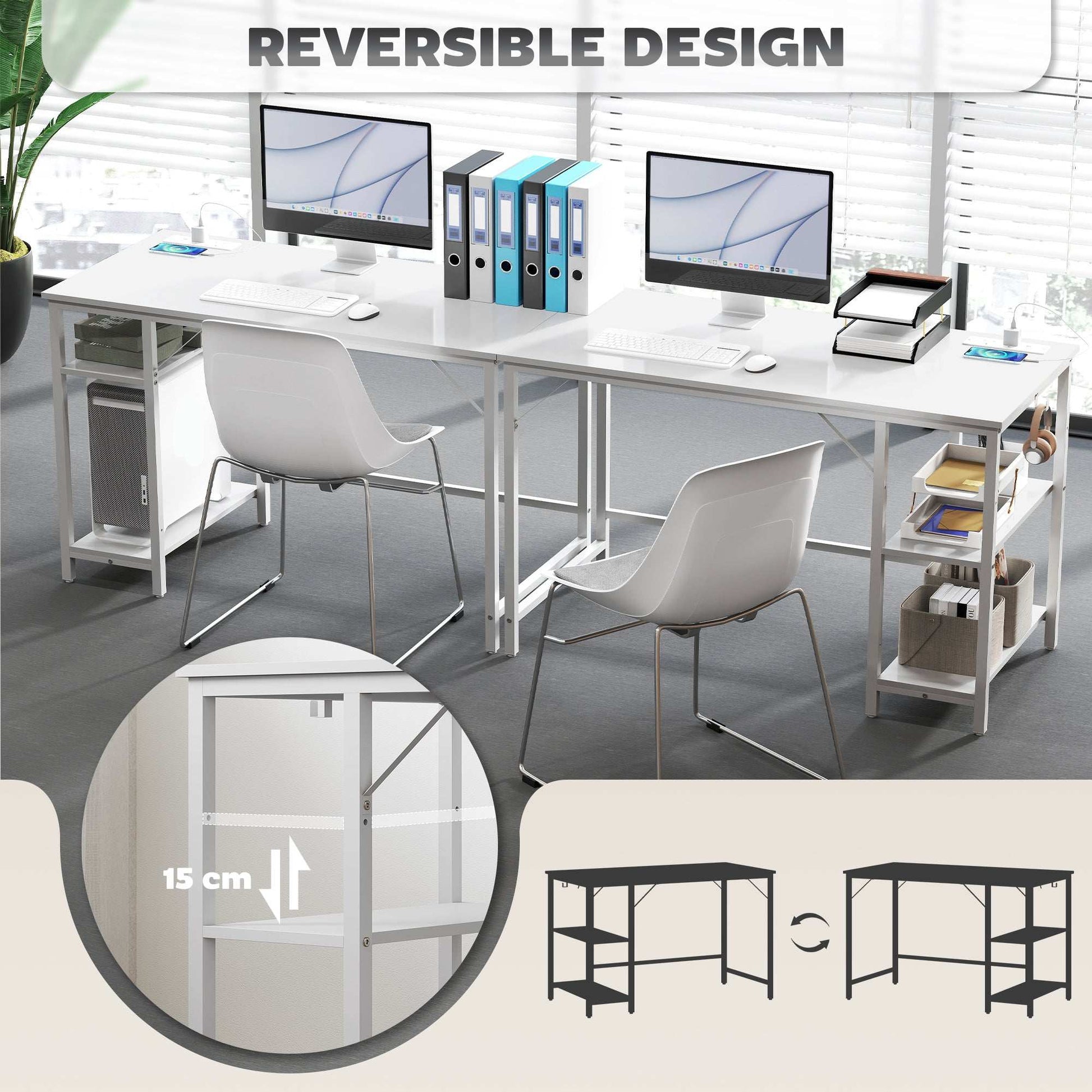 20 x 60 cm Computer Desk with Power Outlets and Reversible Shelves - White