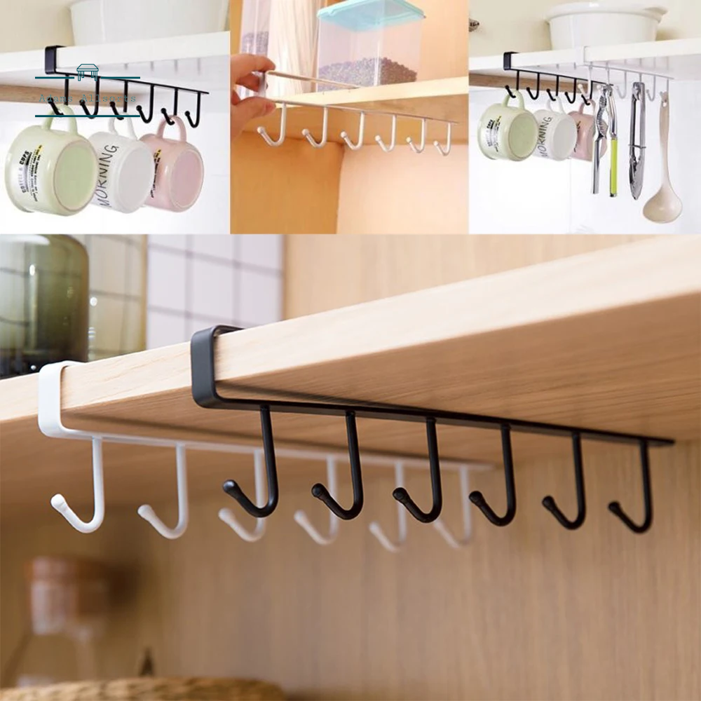 Multifunctional  6 Hooks Under Shelf Mug Cup Wine Glass Holder Hanger Rack Organiser Kitchen Utensil Without Drilling 