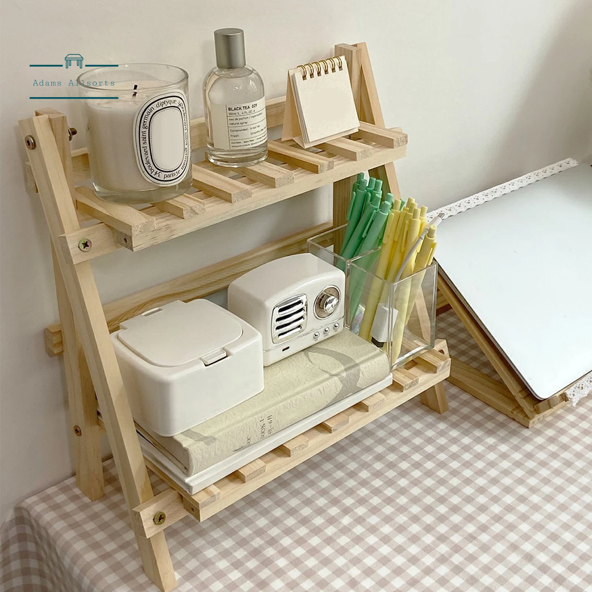 Wooden Desktop Storage Rack Double-Layer Desktop Storage Shelf Folding Desk Storage Organizer Heavy-Duty Multifunctional Ins