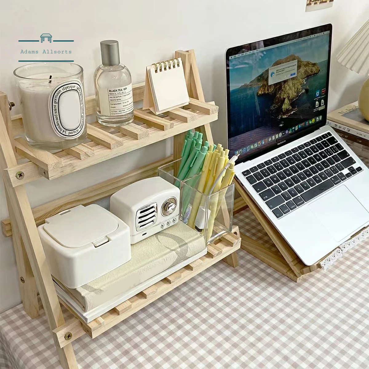Wooden Desktop Storage Rack Double-Layer Desktop Storage Shelf Folding Desk Storage Organizer Heavy-Duty Multifunctional Ins