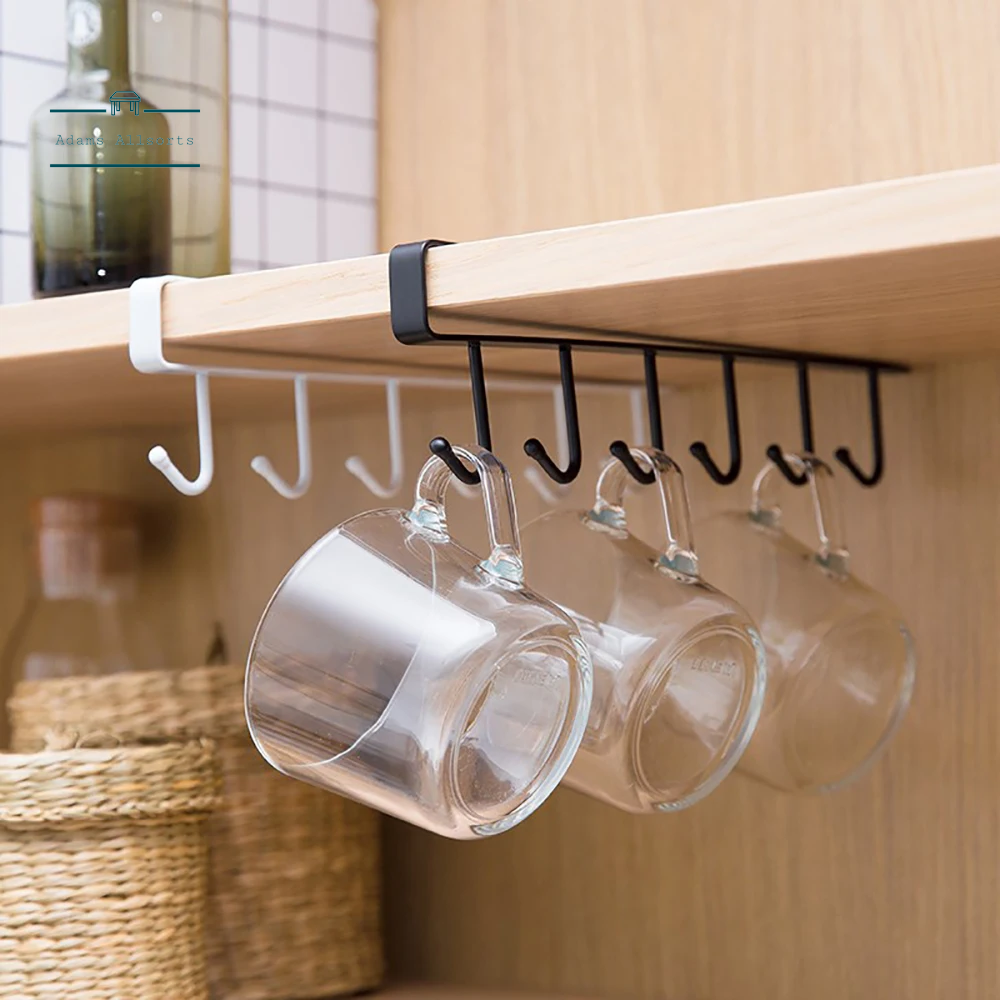 Multifunctional  6 Hooks Under Shelf Mug Cup Wine Glass Holder Hanger Rack Organiser Kitchen Utensil Without Drilling 