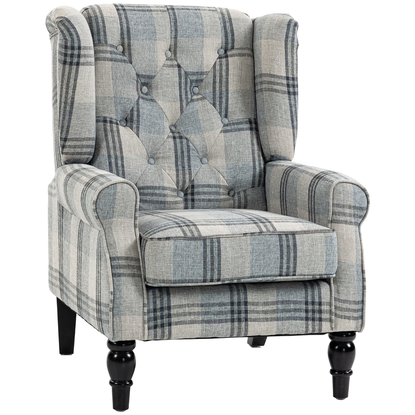 Retro Wingback Armchair | Faux Linen Mixed Plaid | Pocket Spring Cushion | Deep Tufted High Back | Solid Wood Legs
