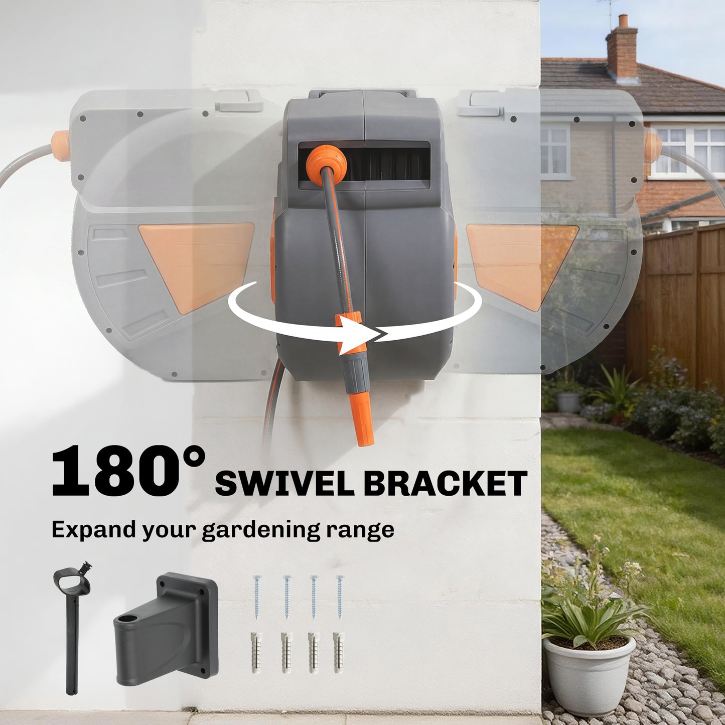 Wall Mounted Retractable Garden Hose Reel | 30+2m | Auto Retract & Self-Locking | 180° Swivel Bracket | Dual Spray Modes | 8 Bar Working Pressure | 57x23x39cm | Orange