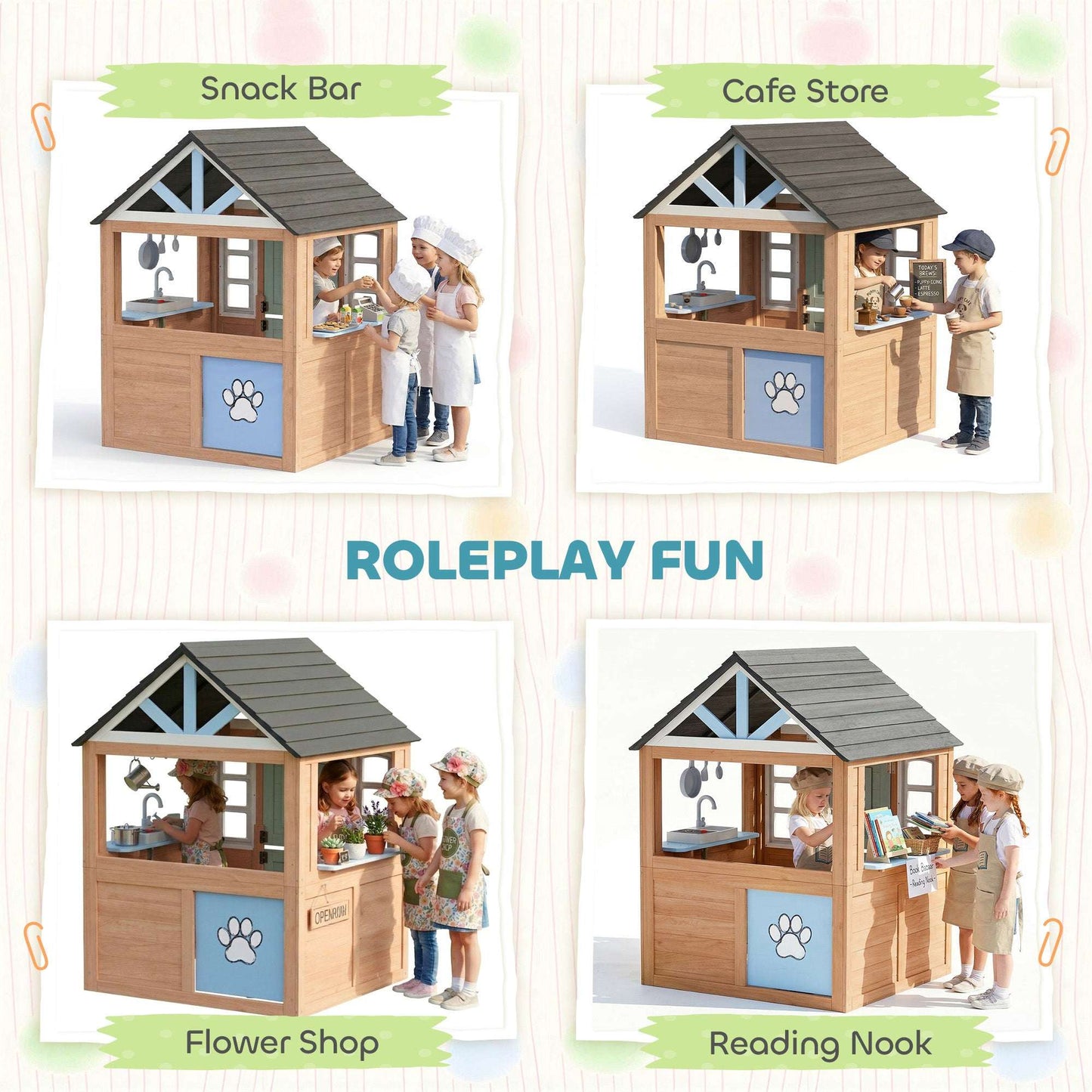 Wooden Wendy House with Play Kitchen & Pet Door | Half Door & Windows | Fir Wood | Low-Odour Paint | Indoor & Outdoor | Ages 2+ | 115.5x97.3x140cm | Natural Wood