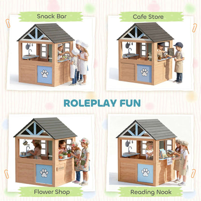 Wooden Wendy House with Play Kitchen & Pet Door | Half Door & Windows | Fir Wood | Low-Odour Paint | Indoor & Outdoor | Ages 2+ | 115.5x97.3x140cm | Natural Wood