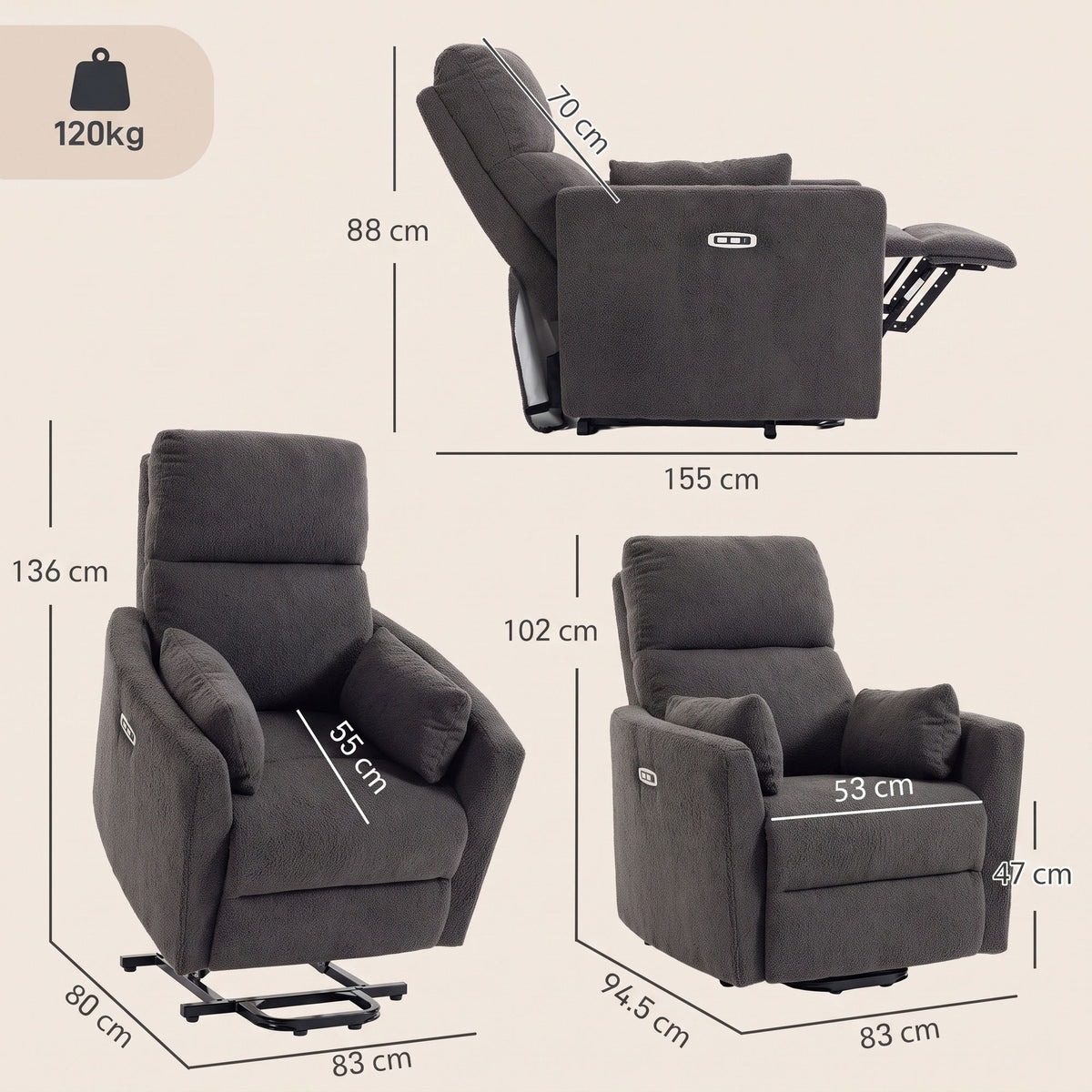 Riser Recliner Chair | 18° Power Lift & 135° Recline | 8-Point Massage & Lumbar Heat | Pocket Spring Teddy Fleece | 12cm Seat Cushion | USB-A & USB-C | Remote | 120kg | 160–200cm | Dark Grey