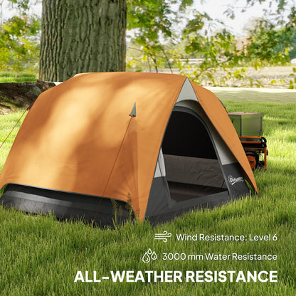 3-4 Person Camping Tent, Easy Set Up Waterproof Dome Tent with Sewn-in Groundsheet, Mesh Windows, Pocket and Hook for Camping, Orange & Grey