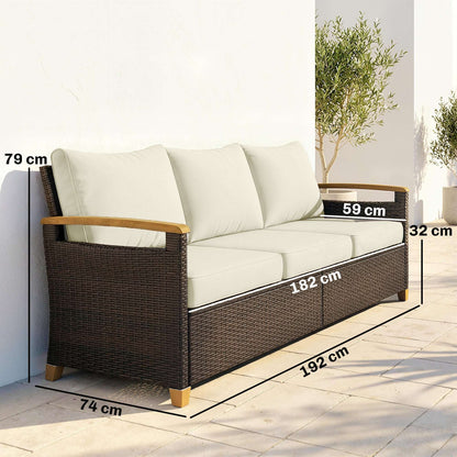 3-Seater Rattan Garden Sofa | PE Wicker | 10cm Seat Cushions | Washable Covers | Wood-Effect Arms | 360kg | All-Weather | Brown